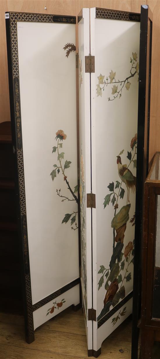 A Chinese lacquered four fold screen decorated in hardstone with flowers and pheasants, H. 183cm each panel, W.46cm